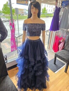 Sherri Hill Navy Sequin Off-Shoulder Two-Piece Ruffle Gown